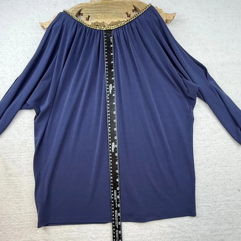 Michael Kors Navy Blue Chain Neck Dolman Sleeve‎ Top Womens M cold shoulder
